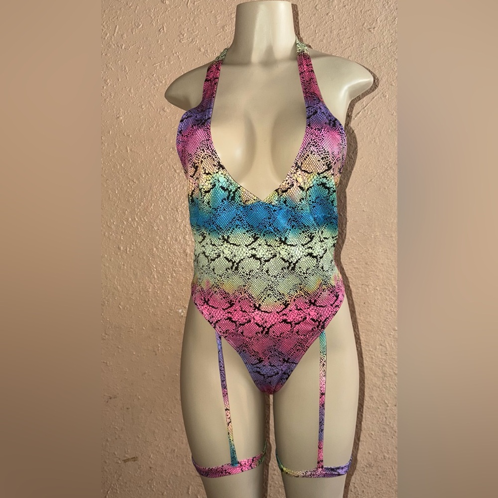 Plunge Neck Rainbow Snake-Print One-Piece Swimsuit